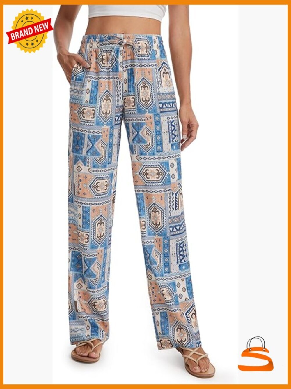 Printed Linen Pants Wide Leg Casual Palazzo Summer Beach Lounge with Pockets